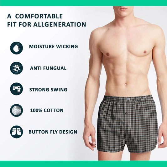 Men's Woven Cotton Boxer Shorts – Olive & Grey Check, Button Fly, L to XXL - photo 2