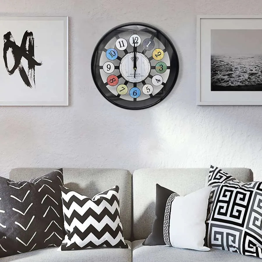 Colourful Number Round Wall Clock – Black Frame, Glass Front - photo 2