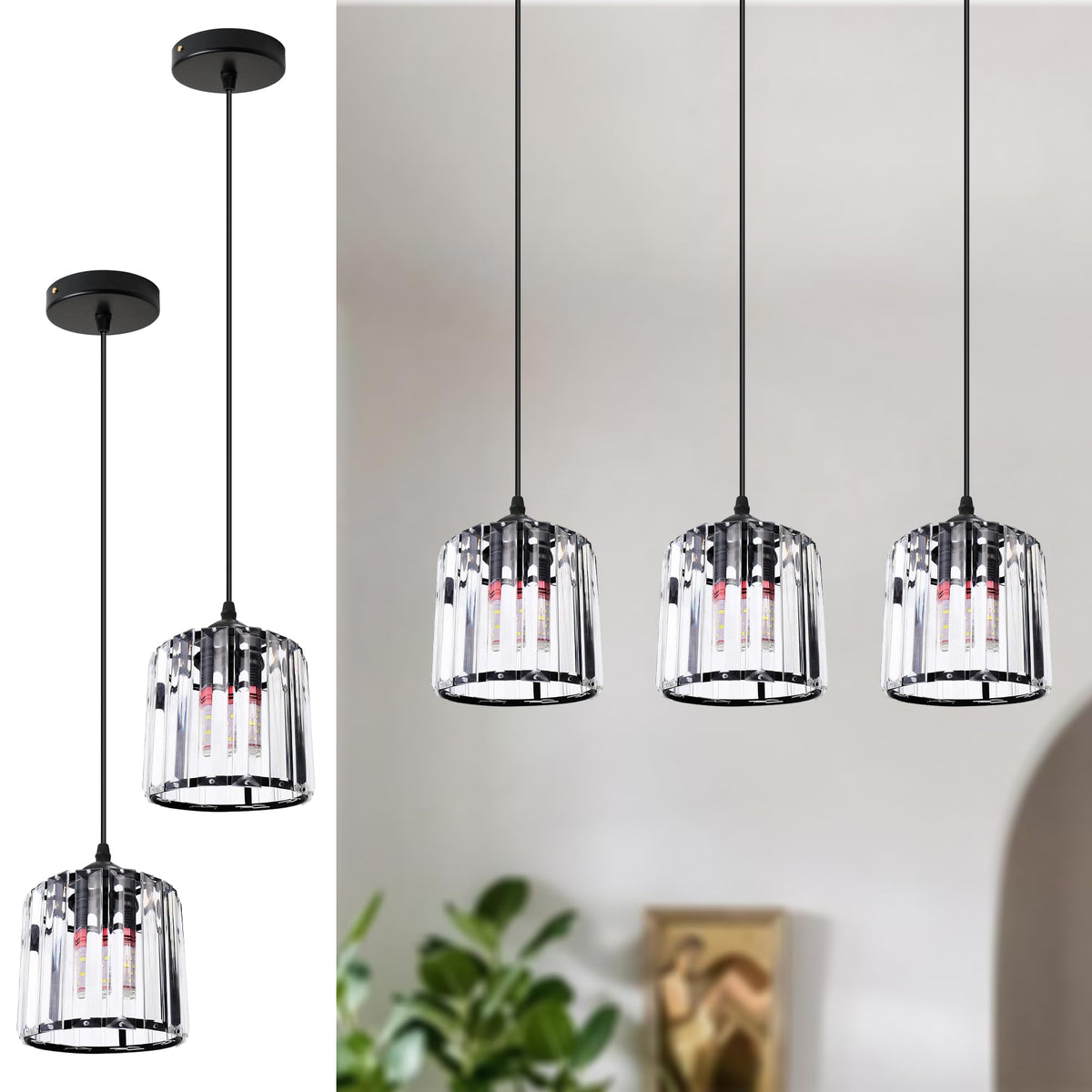 Crystal Cage Lamp Shade – Easy Fit with Reducer Ring - Black, with A60 LED Bulb 8W (WCCY1RO), Pack of 2