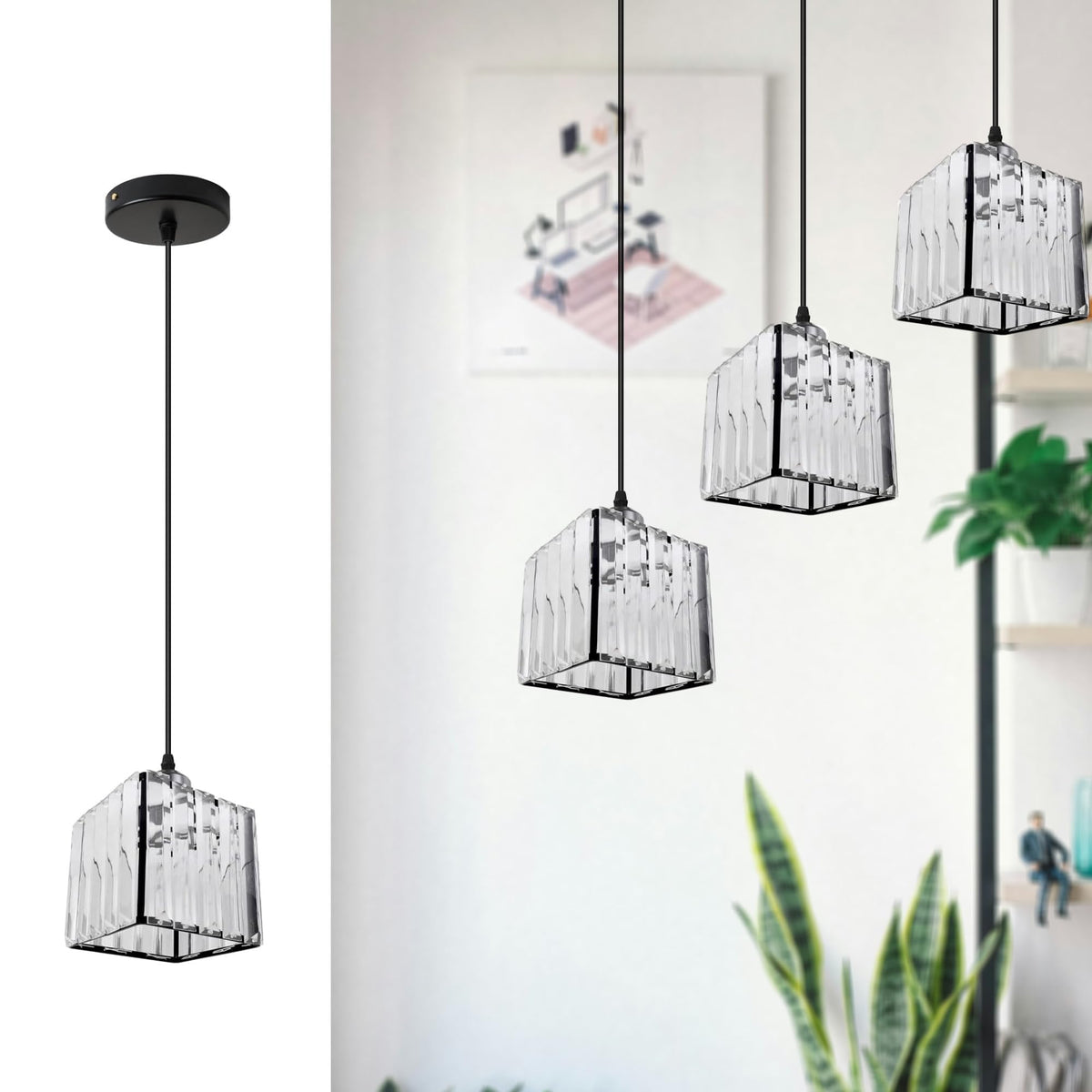 Crystal Cage Lamp Shade – Easy Fit with Reducer Ring - Black, with A60 LED Bulb 8W (WCCY1SQ), Single