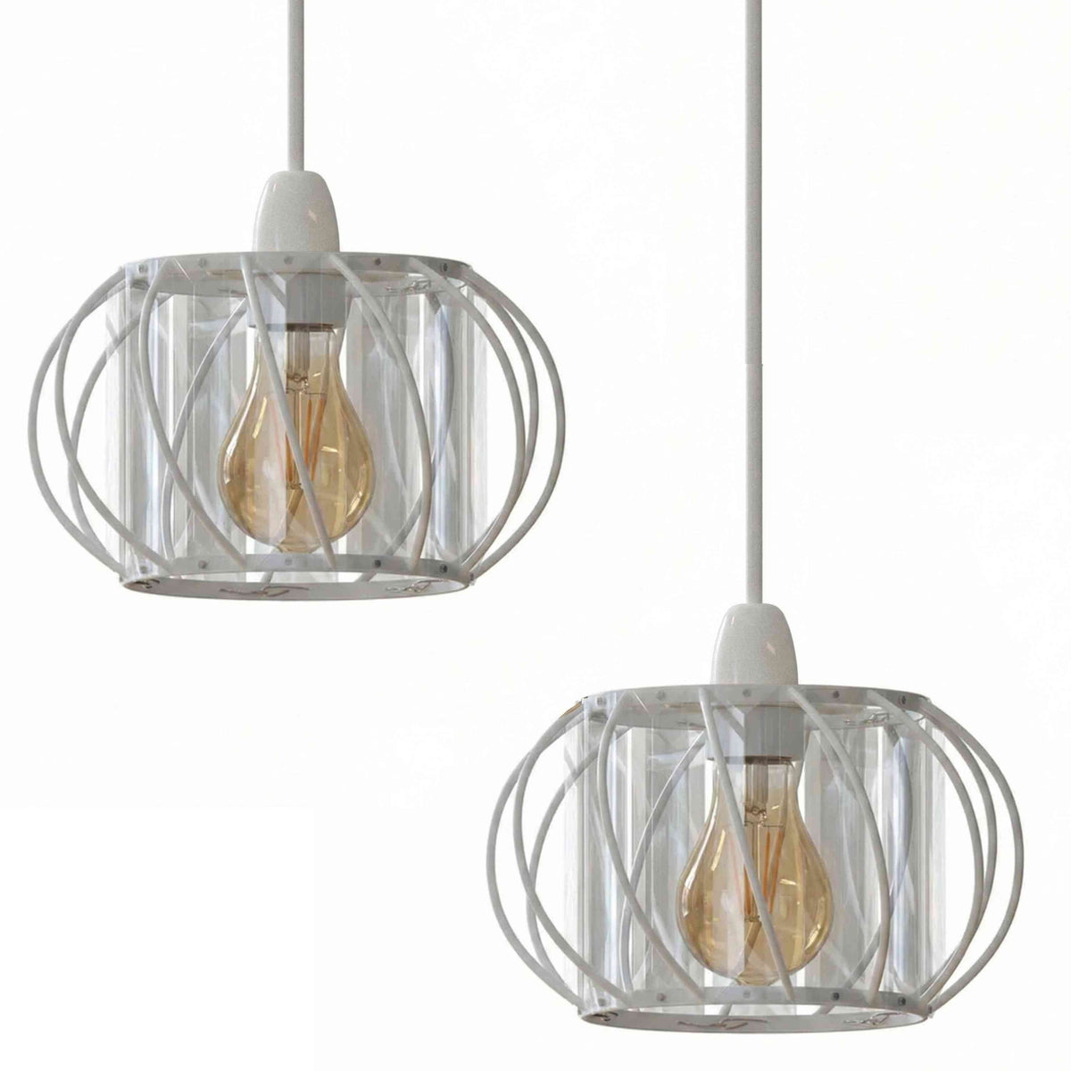 Crystal Cage Lamp Shade – Easy Fit with Reducer Ring - White, 18 cm with Reducer Ring with A60 LED Bulb 8W, Pack of 2