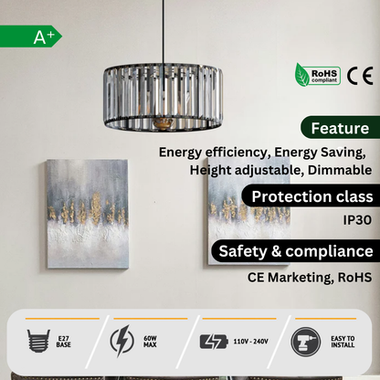 Crystal Drum Pendant Light – 12, 20 or 30 cm, Black or Gold - photo 3