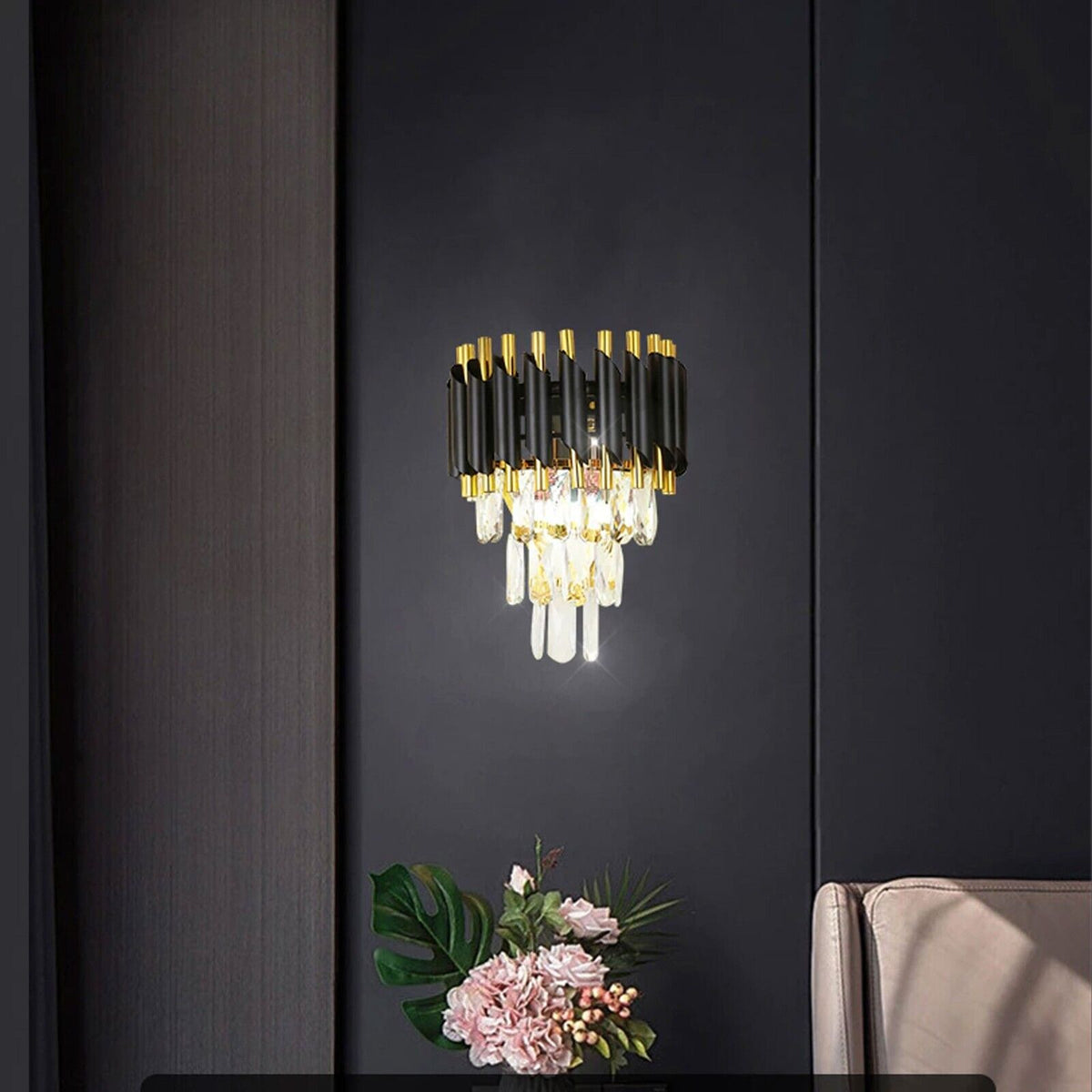 Crystal Wall Light – Black Frame or Gold Glass, 2 x E14 - photo 3
