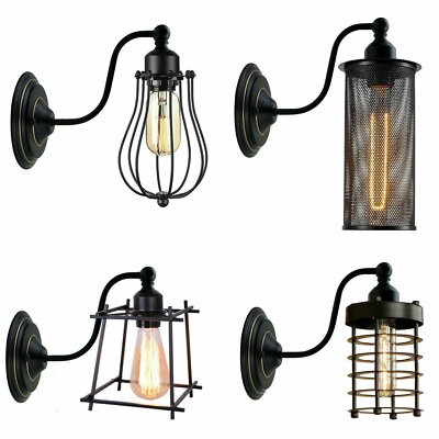 Curved Arm Wall Light Black with Shade – Dome, Retro Bell or Cage - Black, Barrel Cage Black, Without Bulb