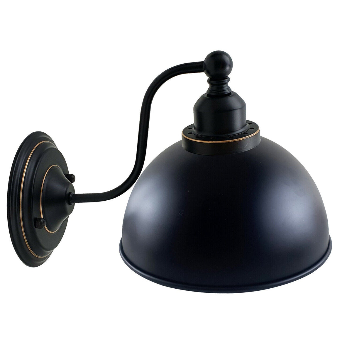 Curved Arm Wall Light Black with Shade – Dome, Retro Bell or Cage - Black, Dome 21 cm Black 140 mm Rose, Without Bulb