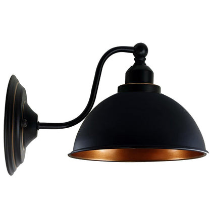 Curved Arm Wall Light Black with Shade – Dome, Retro Bell or Cage - Black, Dome 21 cm Black & Gold 140 mm Rose, Without Bulb