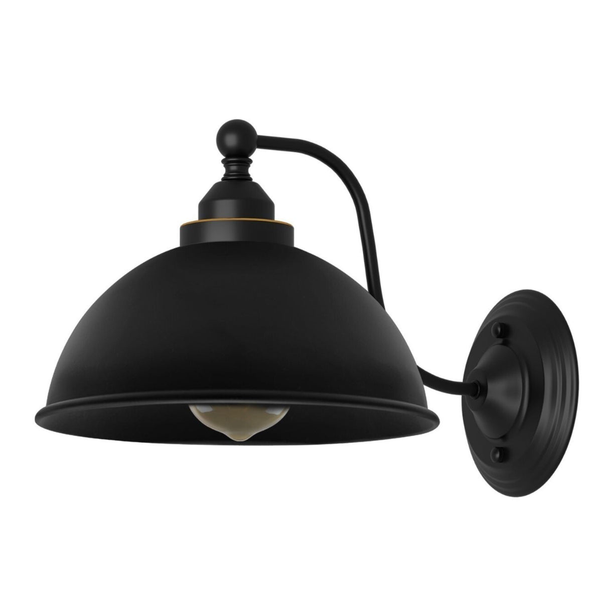 Curved Arm Wall Light Black with Shade – Dome, Retro Bell or Cage - Black, Dome 21 cm Black, ST64 LED Bulb 4W