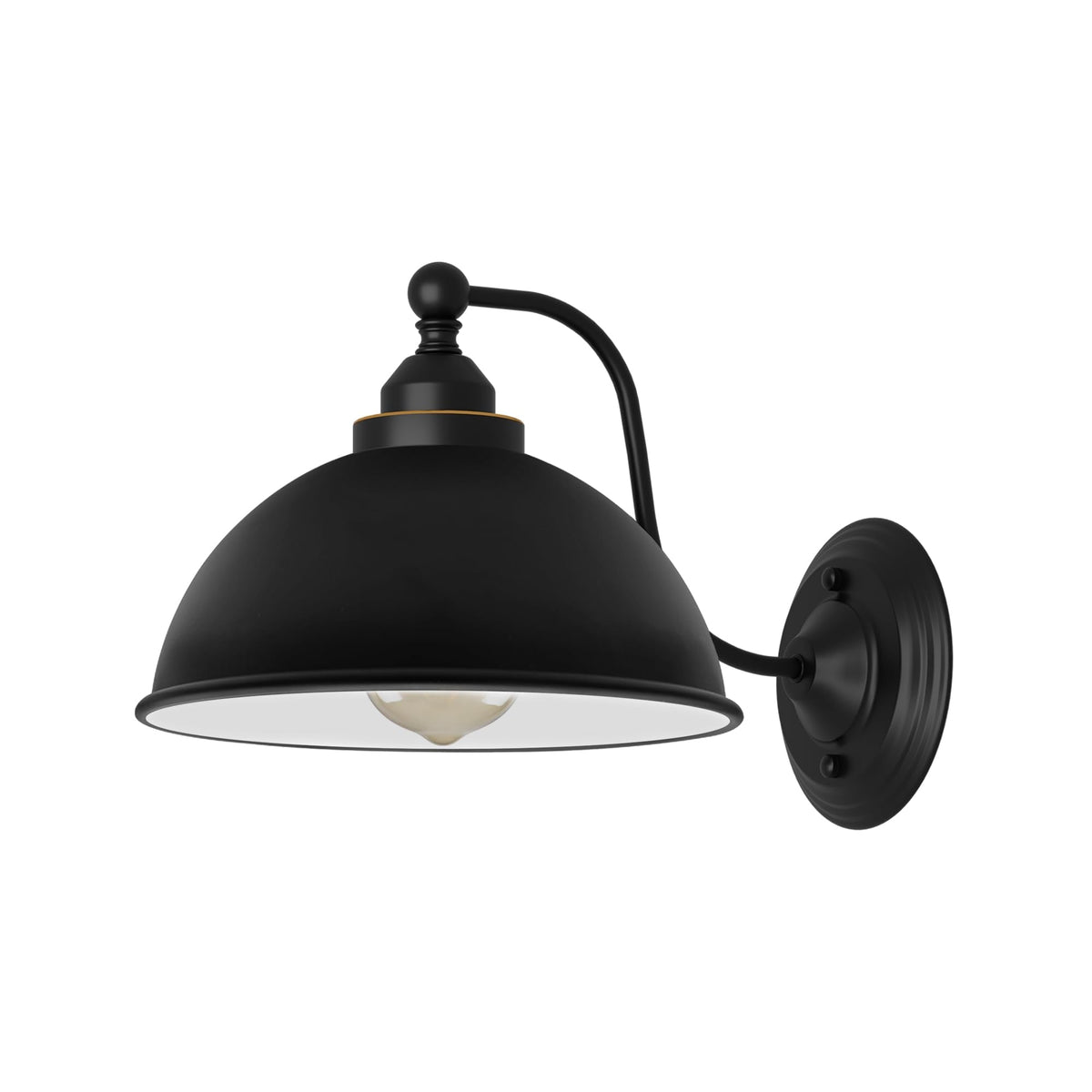 Curved Arm Wall Light Black with Shade – Dome, Retro Bell or Cage - Black, Dome 21 cm Black & White Inner, Without Bulb