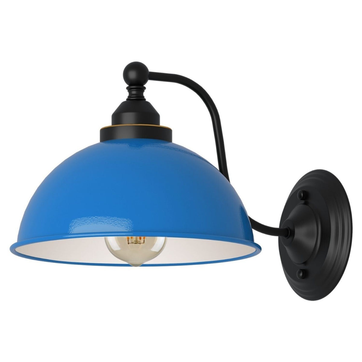 Curved Arm Wall Light Black with Shade – Dome, Retro Bell or Cage - Black, Dome 21 cm Blue, ST64 LED Bulb 4W
