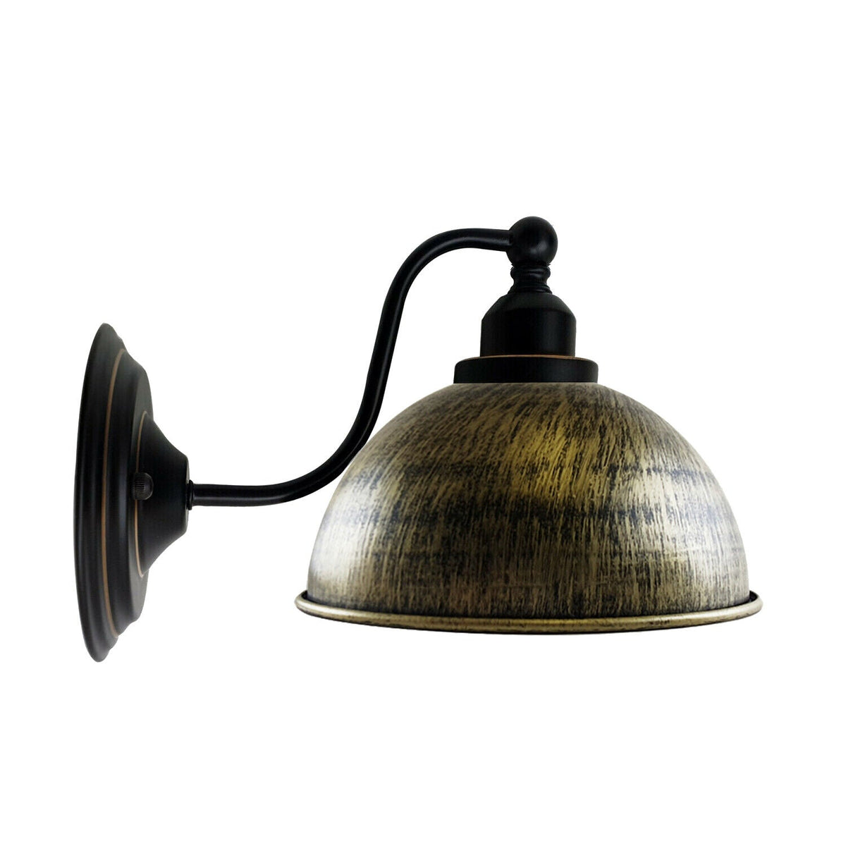 Curved Arm Wall Light Black with Shade – Dome, Retro Bell or Cage - Black, Dome 21 cm Brushed Brass, Without Bulb