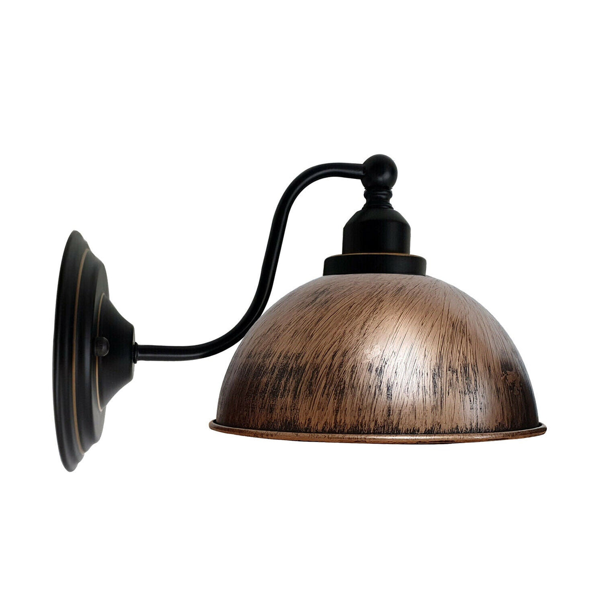 Curved Arm Wall Light Black with Shade – Dome, Retro Bell or Cage - Black, Dome 21 cm Brushed Copper 140 mm Rose, Without Bulb