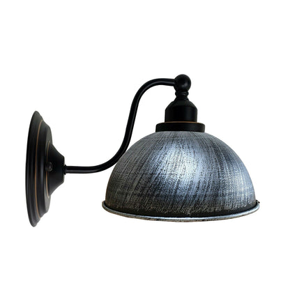 Curved Arm Wall Light Black with Shade – Dome, Retro Bell or Cage - Black, Dome 21 cm Brushed Silver, Without Bulb
