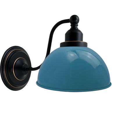 Curved Arm Wall Light Black with Shade – Dome, Retro Bell or Cage - Black, Dome 21 cm Cyan Blue, Without Bulb