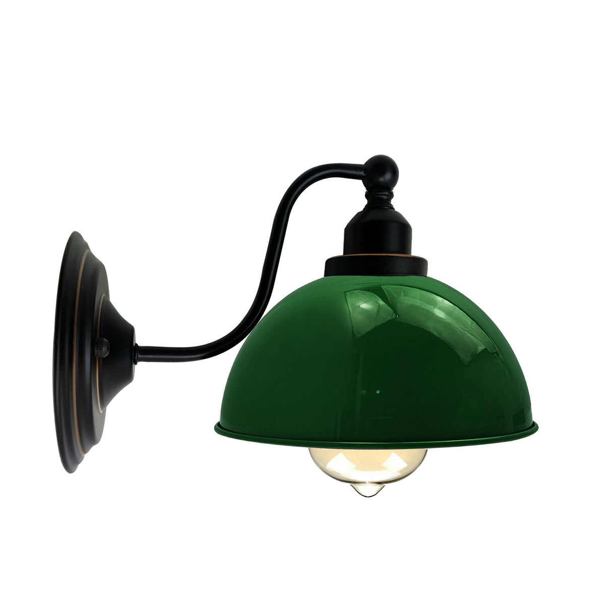 Curved Arm Wall Light Black with Shade – Dome, Retro Bell or Cage - Black, Dome 21 cm Green 140 mm Rose, Without Bulb