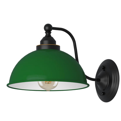 Curved Arm Wall Light Black with Shade – Dome, Retro Bell or Cage - Black, Dome 21 cm Green, ST64 LED Bulb 4W