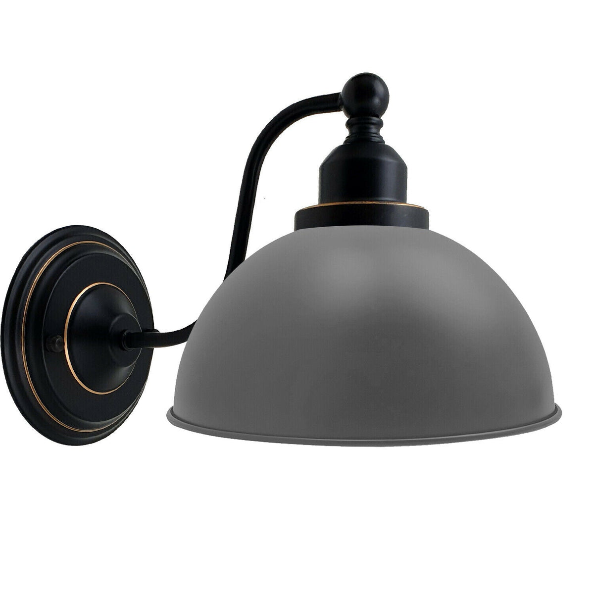 Curved Arm Wall Light Black with Shade – Dome, Retro Bell or Cage - Black, Dome 21 cm Grey 140 mm Rose, Without Bulb