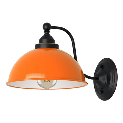 Curved Arm Wall Light Black with Shade – Dome, Retro Bell or Cage - Black, Dome 21 cm Orange, ST64 LED Bulb 4W