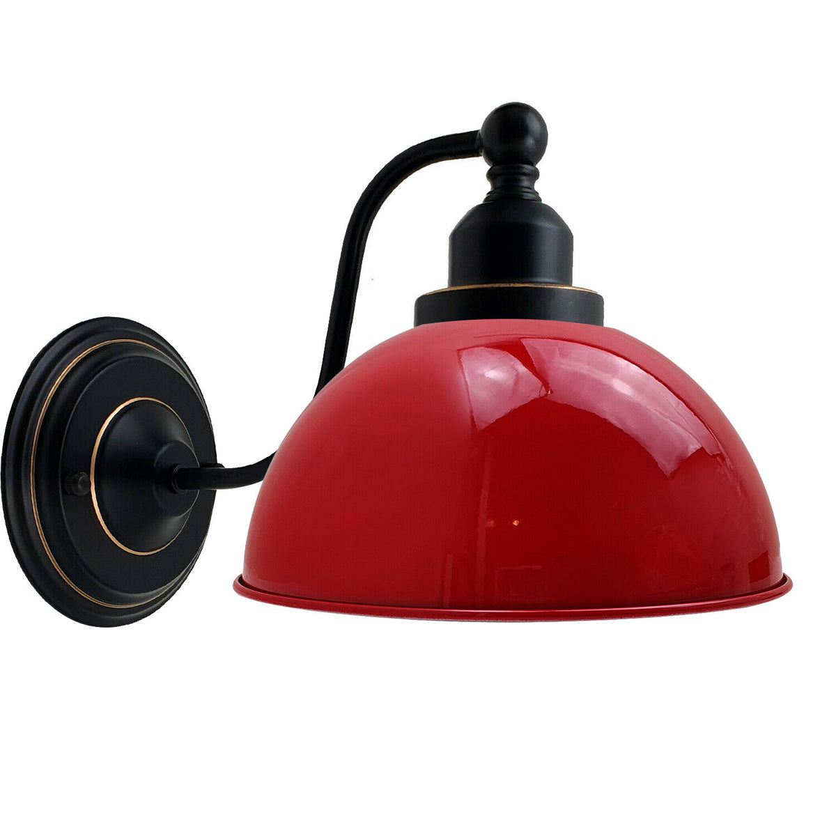 Curved Arm Wall Light Black with Shade – Dome, Retro Bell or Cage - Black, Dome 21 cm Red 140 mm Rose, Without Bulb