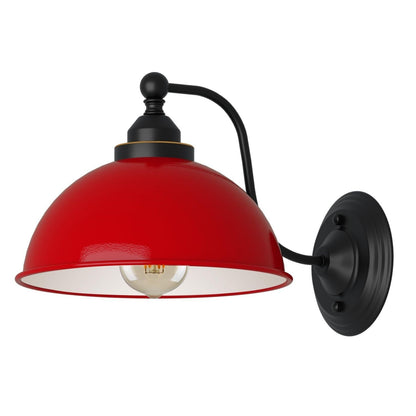 Curved Arm Wall Light Black with Shade – Dome, Retro Bell or Cage - Black, Dome 21 cm Red, ST64 LED Bulb 4W
