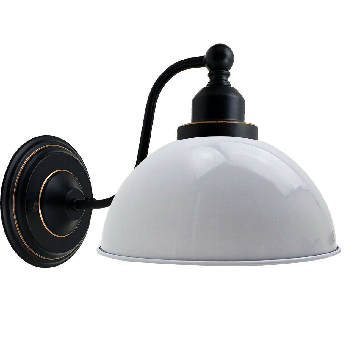 Curved Arm Wall Light Black with Shade – Dome, Retro Bell or Cage - Black, Dome 21 cm White 140 mm Rose, Without Bulb