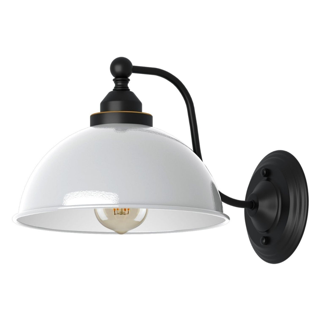 Curved Arm Wall Light Black with Shade – Dome, Retro Bell or Cage - Black, Dome 21 cm White, ST64 LED Bulb 4W
