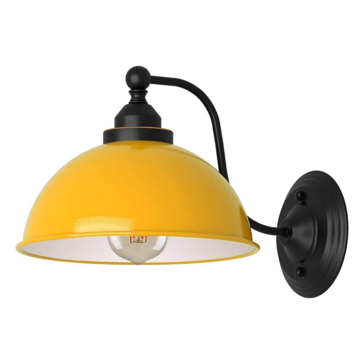Curved Arm Wall Light Black with Shade – Dome, Retro Bell or Cage - Black, Dome 21 cm Yellow, ST64 LED Bulb 4W