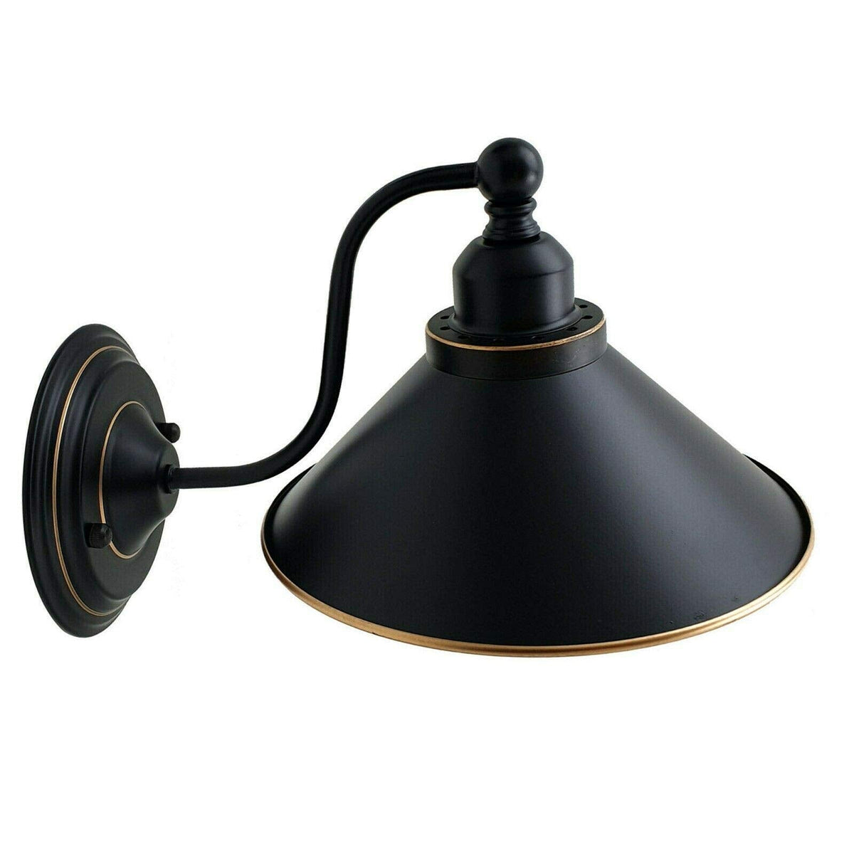 Curved Arm Wall Light Black with Shade – Dome, Retro Bell or Cage - Black, Flat Cone 22 cm Black & Gold Line, Without Bulb