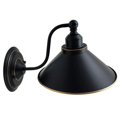 Curved Arm Wall Light Black with Shade – Dome, Retro Bell or Cage - Black, Flat Cone 22 cm Black & Gold Line, Without Bulb