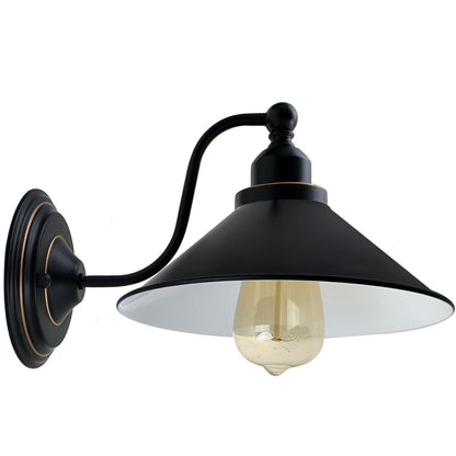 Curved Arm Wall Light Black with Shade – Dome, Retro Bell or Cage - Black, Flat Cone 22 cm Black & White Inner, Without Bulb