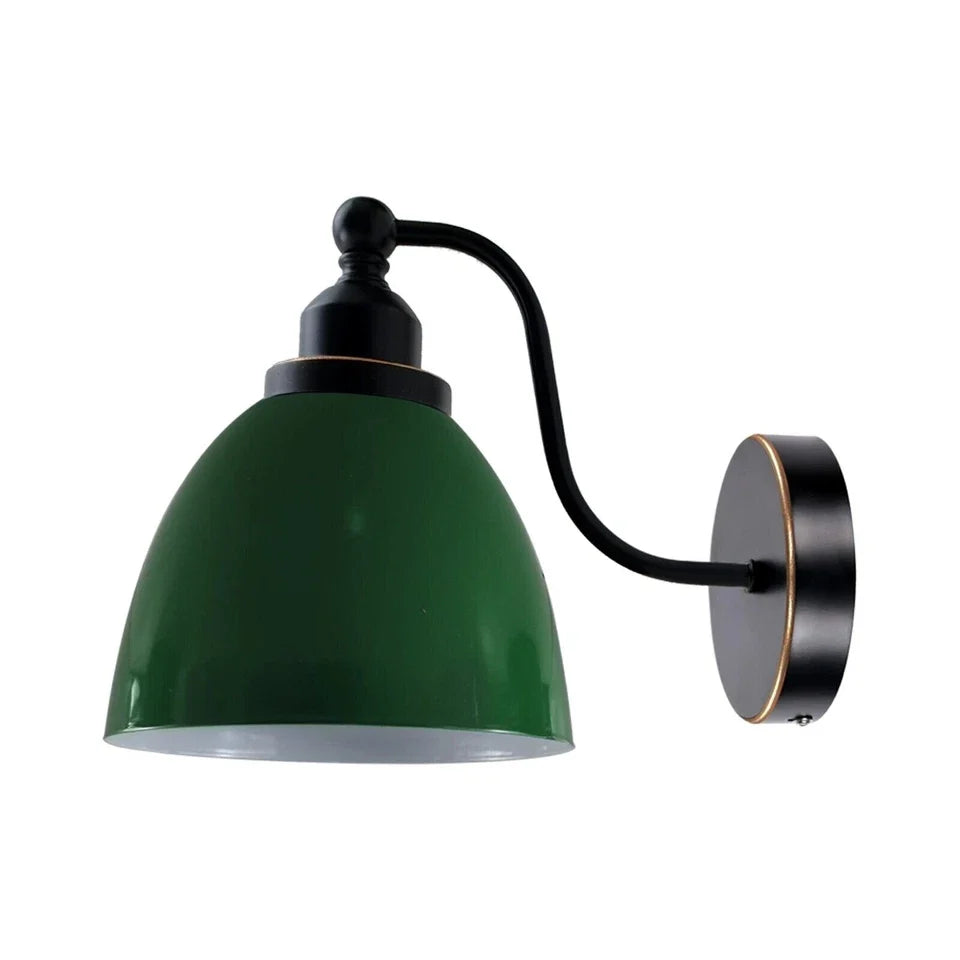 Curved Arm Wall Light Black with Shade – Dome, Retro Bell or Cage - Black, Retro 15 cm Green, Without Bulb