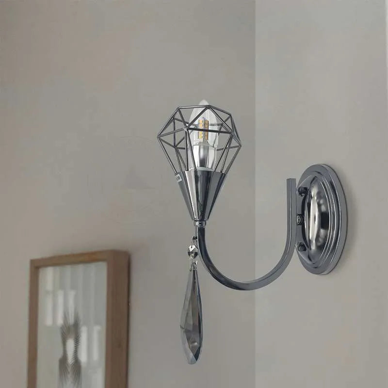 Curved Arm Wall Light with Diamond Cage & K9 Crystal – E14