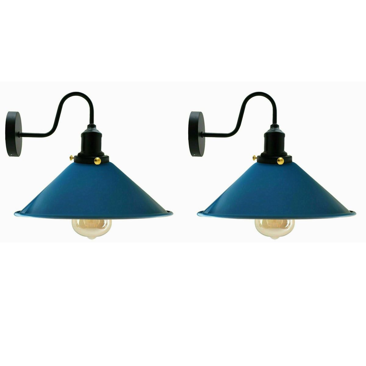 Curved Swan Neck Wall Light with Shade & ST64 Bulb – Black - Black, Flat Cone 22 cm Blue Pack of 2, ST64 LED Bulb 8W