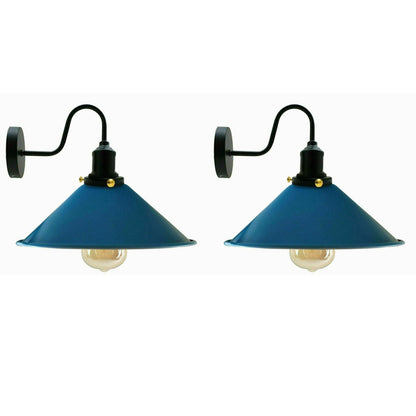 Curved Swan Neck Wall Light with Shade & ST64 Bulb – Black - Black, Flat Cone 22 cm Blue Pack of 2, ST64 LED Bulb 8W