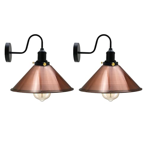 Curved Swan Neck Wall Light with Shade & ST64 Bulb – Black - Black, Flat Cone 22 cm Copper Pack of 2, ST64 LED Bulb 8W