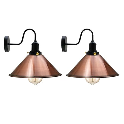 Curved Swan Neck Wall Light with Shade & ST64 Bulb – Black - Black, Flat Cone 22 cm Copper Pack of 2, ST64 LED Bulb 8W