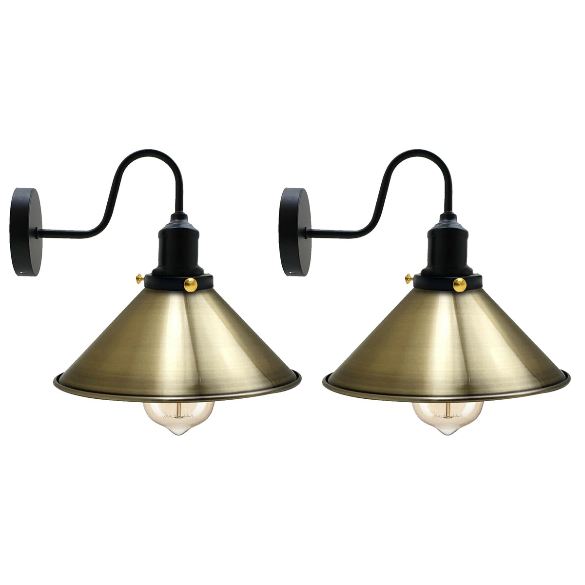 Curved Swan Neck Wall Light with Shade & ST64 Bulb – Black - Black, Flat Cone 22 cm Green Brass Pack of 2, ST64 LED Bulb 8W