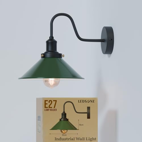 Curved Swan Neck Wall Light with Shade & ST64 Bulb – Black - Black, Flat Cone 22 cm Green, ST64 LED Bulb 4W