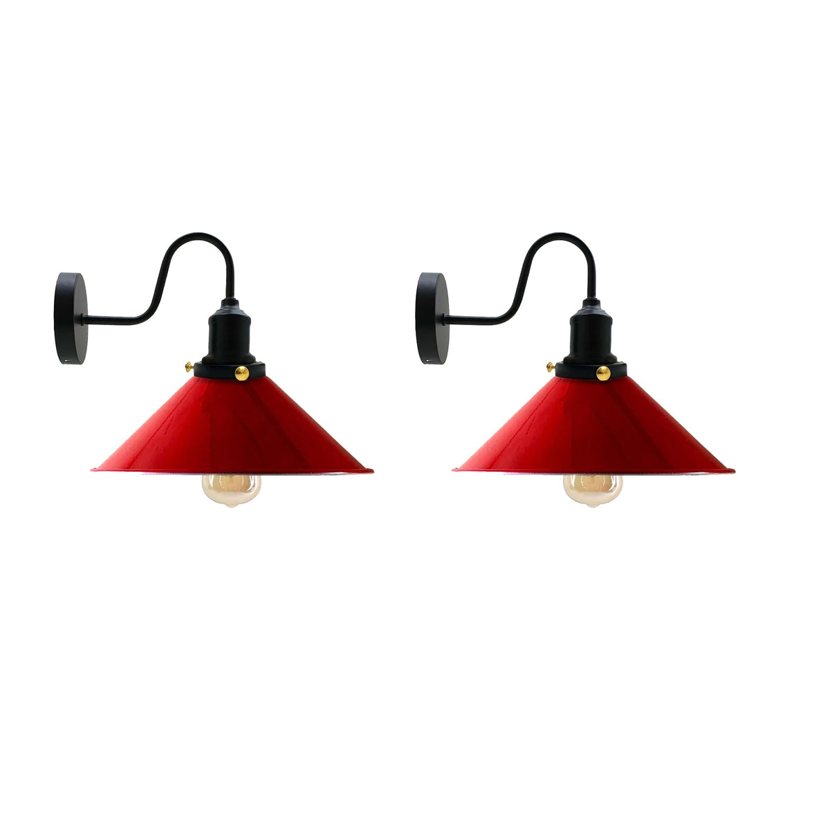 Curved Swan Neck Wall Light with Shade & ST64 Bulb – Black - Black, Flat Cone 22 cm Red Pack of 2, ST64 LED Bulb 8W