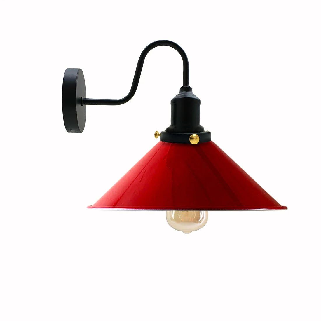 Curved Swan Neck Wall Light with Shade & ST64 Bulb – Black - Black, Flat Cone 22 cm Red, ST64 LED Bulb 8W