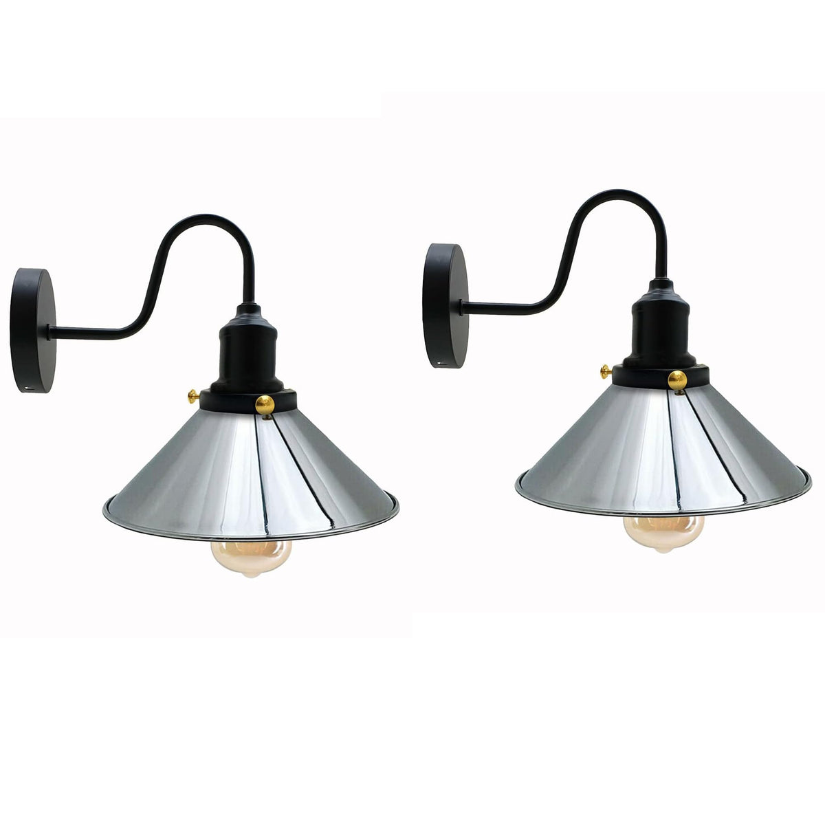 Curved Swan Neck Wall Light with Shade & ST64 Bulb – Black - Black, Flat Cone 22 cm Satin Nickel Pack of 2, ST64 LED Bulb 8W