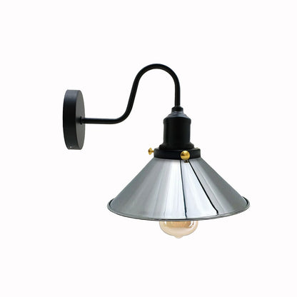 Curved Swan Neck Wall Light with Shade & ST64 Bulb – Black - Black, Flat Cone 22 cm Satin Nickel, ST64 LED Bulb 8W