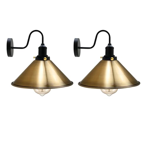 Curved Swan Neck Wall Light with Shade & ST64 Bulb – Black - Black, Flat Cone 22 cm Yellow Brass Pack of 2 Shade Ring, ST64 LED Bulb 8W