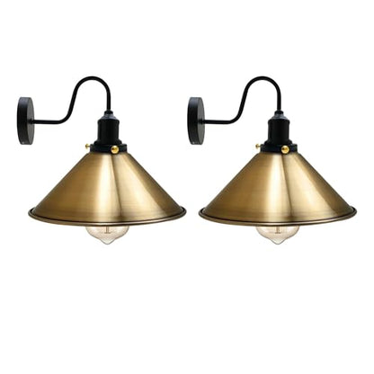 Curved Swan Neck Wall Light with Shade & ST64 Bulb – Black - Black, Flat Cone 22 cm Yellow Brass Pack of 2 Shade Ring, ST64 LED Bulb 8W