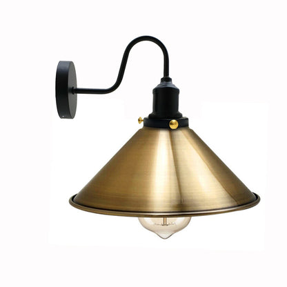 Curved Swan Neck Wall Light with Shade & ST64 Bulb – Black - Black, Flat Cone 22 cm Yellow Brass, ST64 LED Bulb 8W