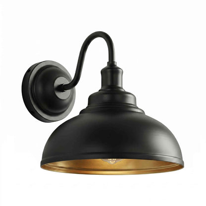 Curved Swan Neck Wall Light Black with Shade - Black, Curvy 29 cm Black & Gold Bracket, Without Bulb