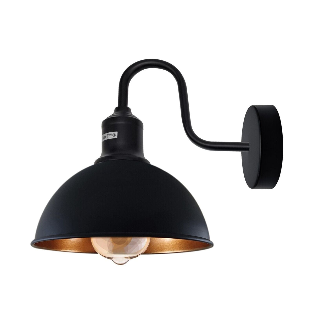 Curved Swan Neck Wall Light Black with Shade - Black, Dome 21 cm Black & Gold, Without Bulb