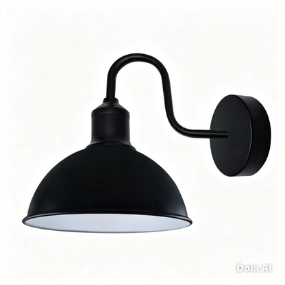 Curved Swan Neck Wall Light Black with Shade - Black, Dome 21 cm Black & White Inner, Without Bulb