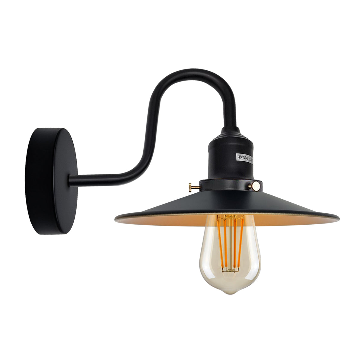 Curved Swan Neck Wall Light Black with Shade - Black, Flat Black & Gold, Without Bulb
