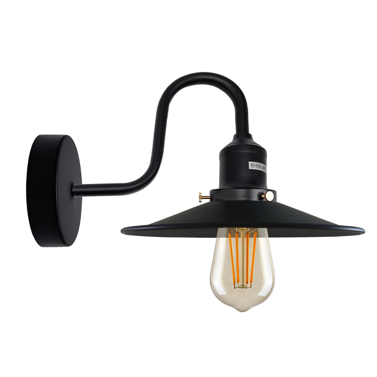 Curved Swan Neck Wall Light Black with Shade - Black, Flat Black Shade Ring, Without Bulb