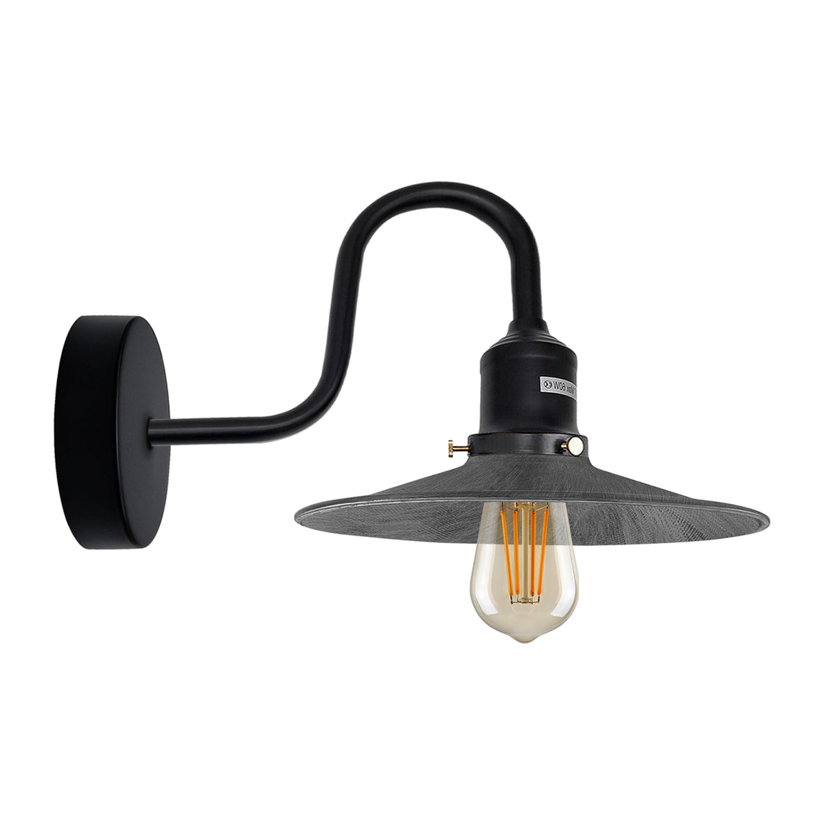 Curved Swan Neck Wall Light Black with Shade - Black, Flat Brushed Silver, Without Bulb